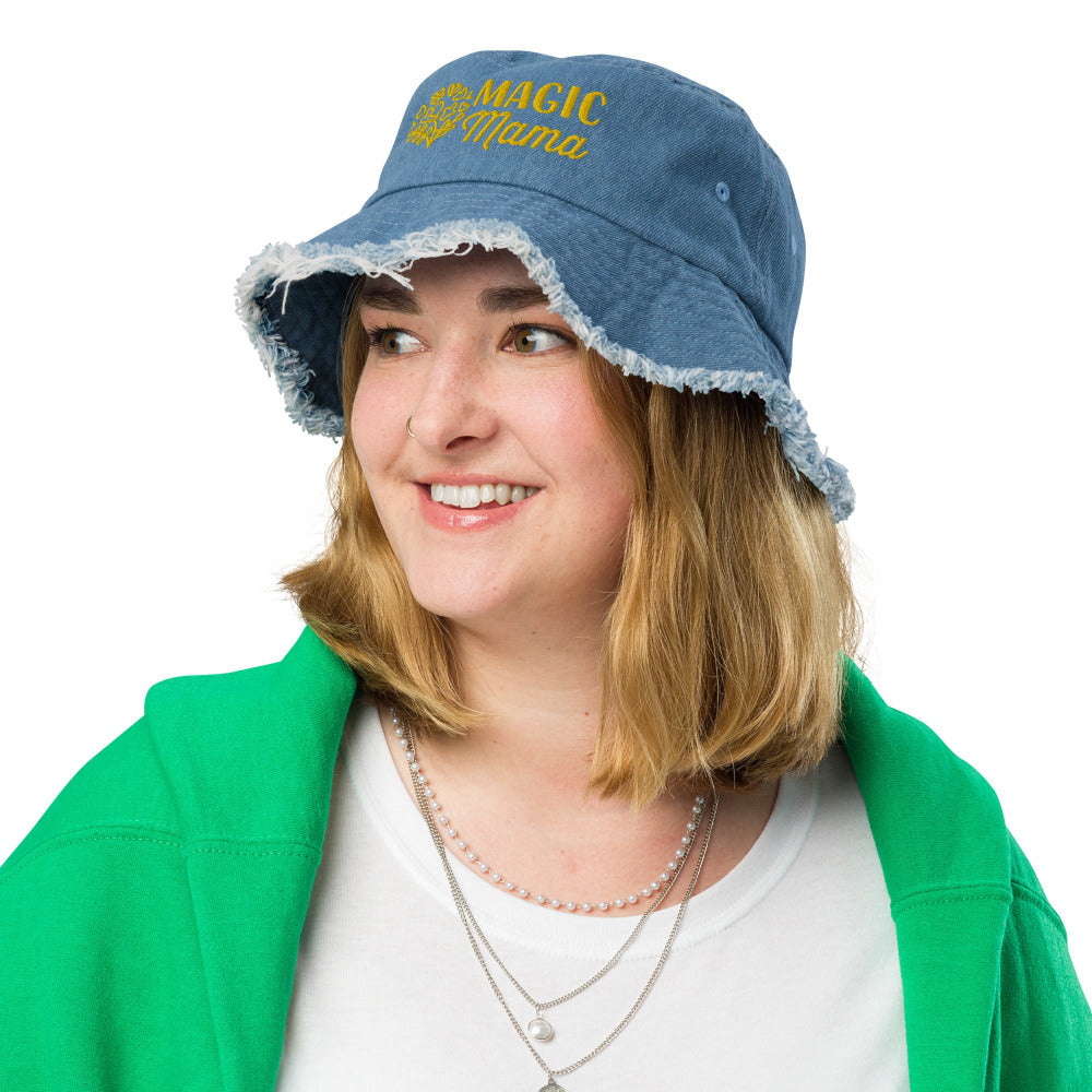 Magic Mama Embroidered Distressed Denim Bucket Hat - Classic Light Denim Combo Color - https://ascensionemporium.net